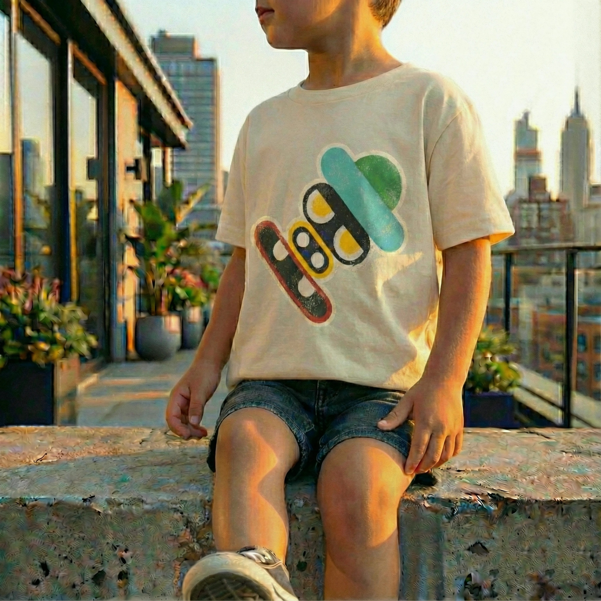 Nibbu face print on a T-shirt